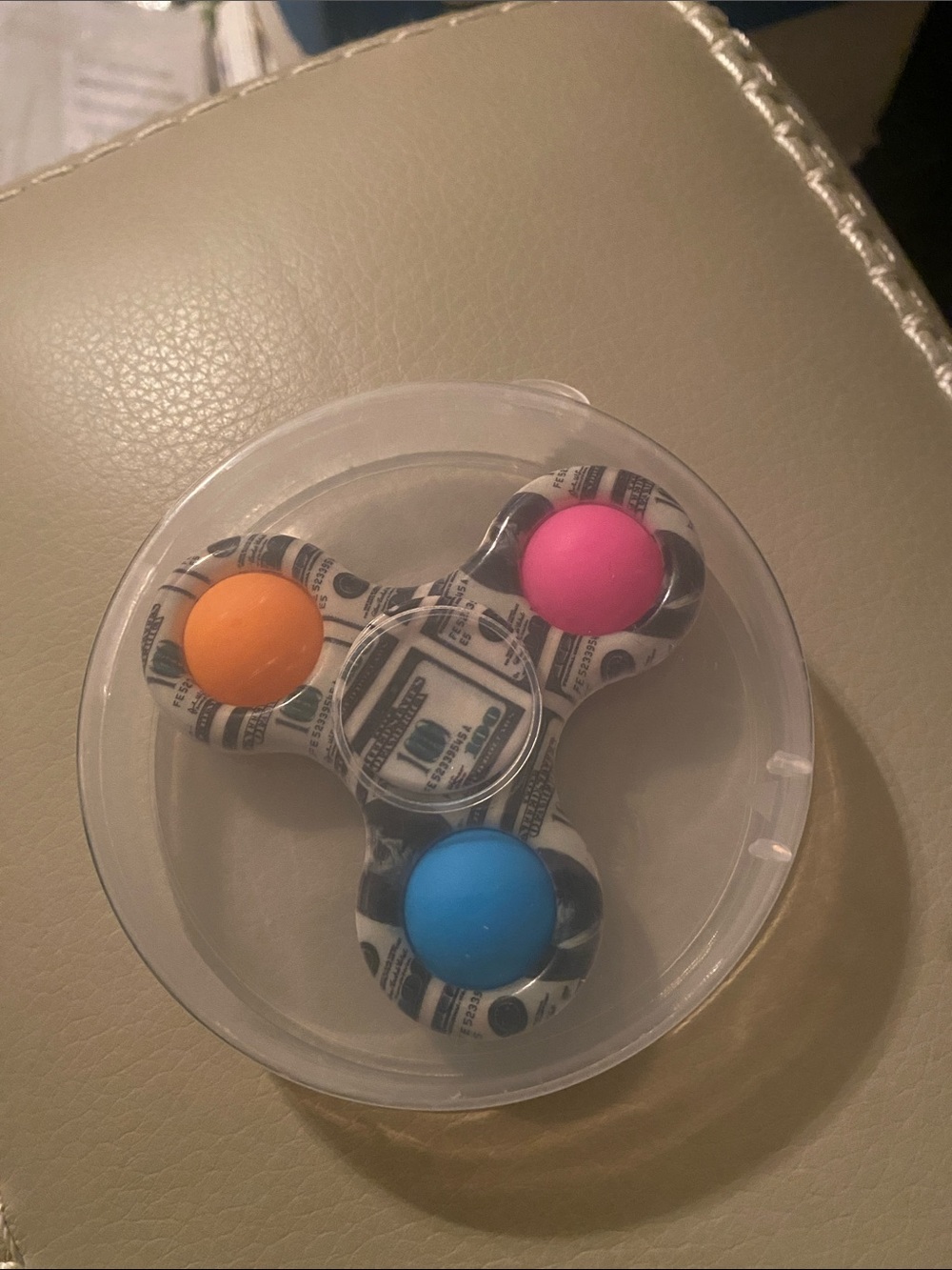 Printed Tri-Spinner Fidget Toy with Pink, Orange, and Blue Buttons